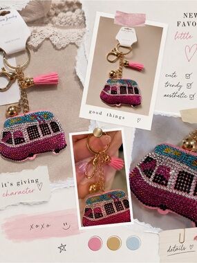 Pink Rhinestone Van Keychain Charm Tassel Bag Charm Sparkly Retro Bus Key Ring